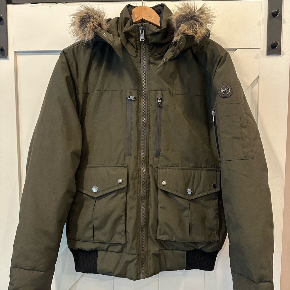 Michael Kors Olive Puffer Jacket with Detachable Fur Hood